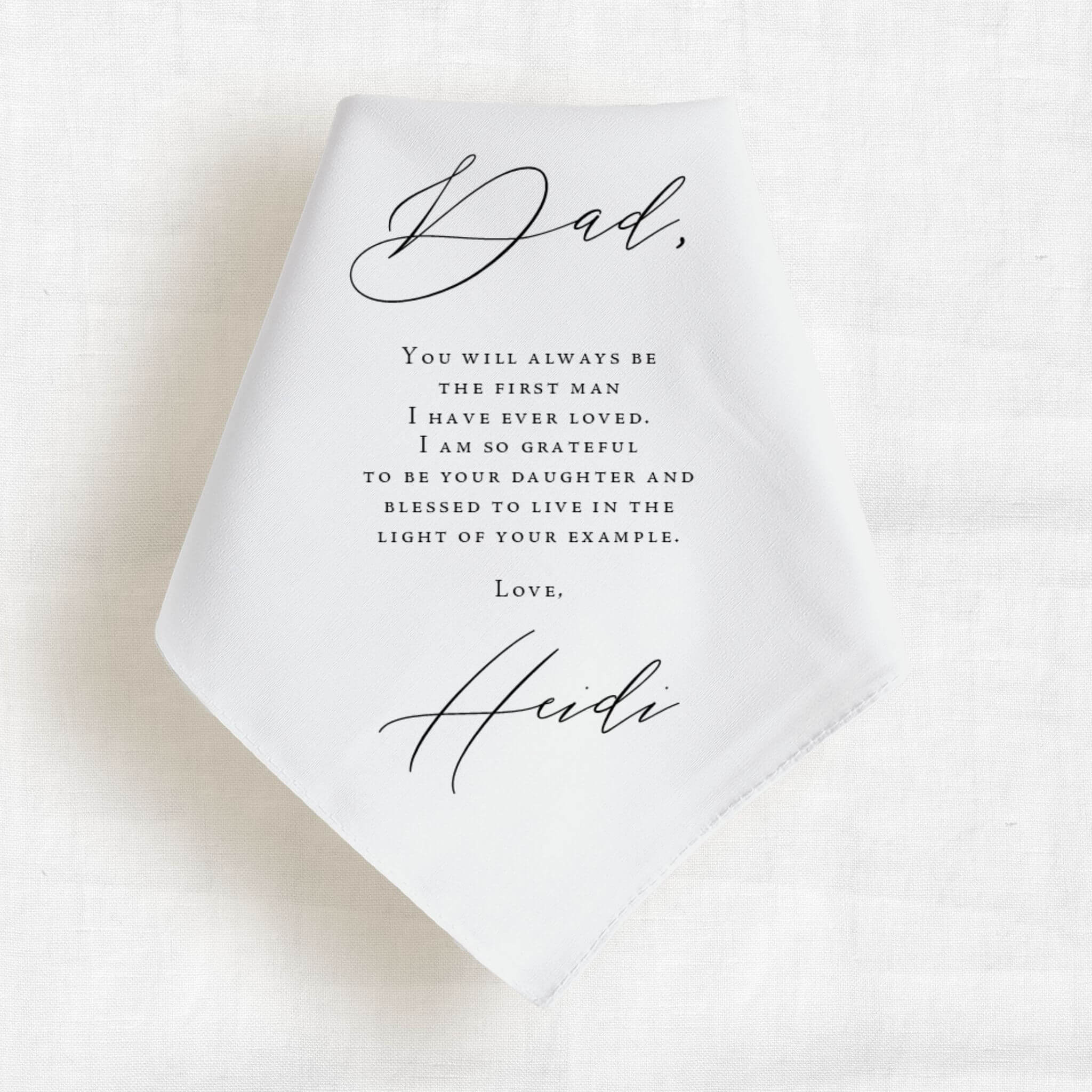 men's handkerchief wedding gift with personalized message from the bride with text in black ink