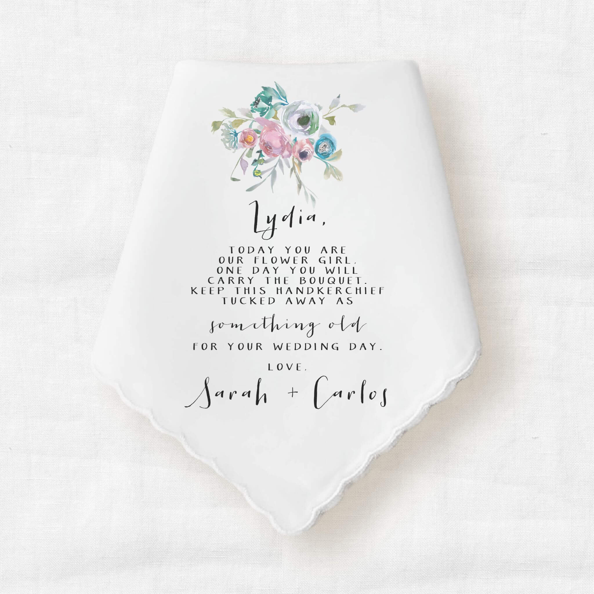 scallop edge handkerchief wedding gift  with pink florals and personalized message to flower girl from the bride