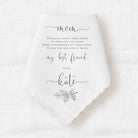 scallop edge handkerchief wedding keepsake to mom with black leaf graphic below a personalized message from the bride