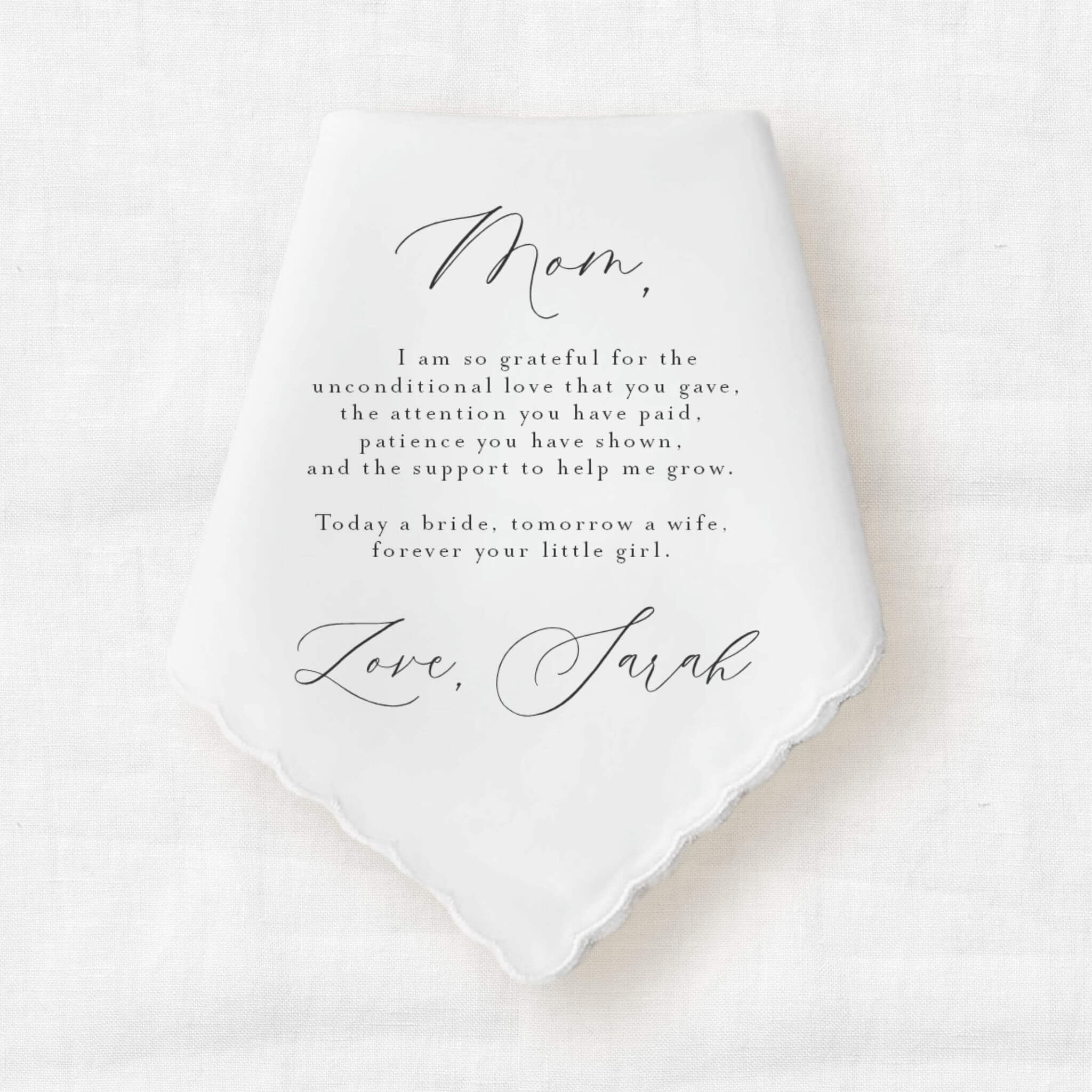 custom message wedding gift written to mom from the bride on a cotton handkerchief