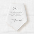 handkerchief wedding gift with a message written in black text from the daughter to her mom.