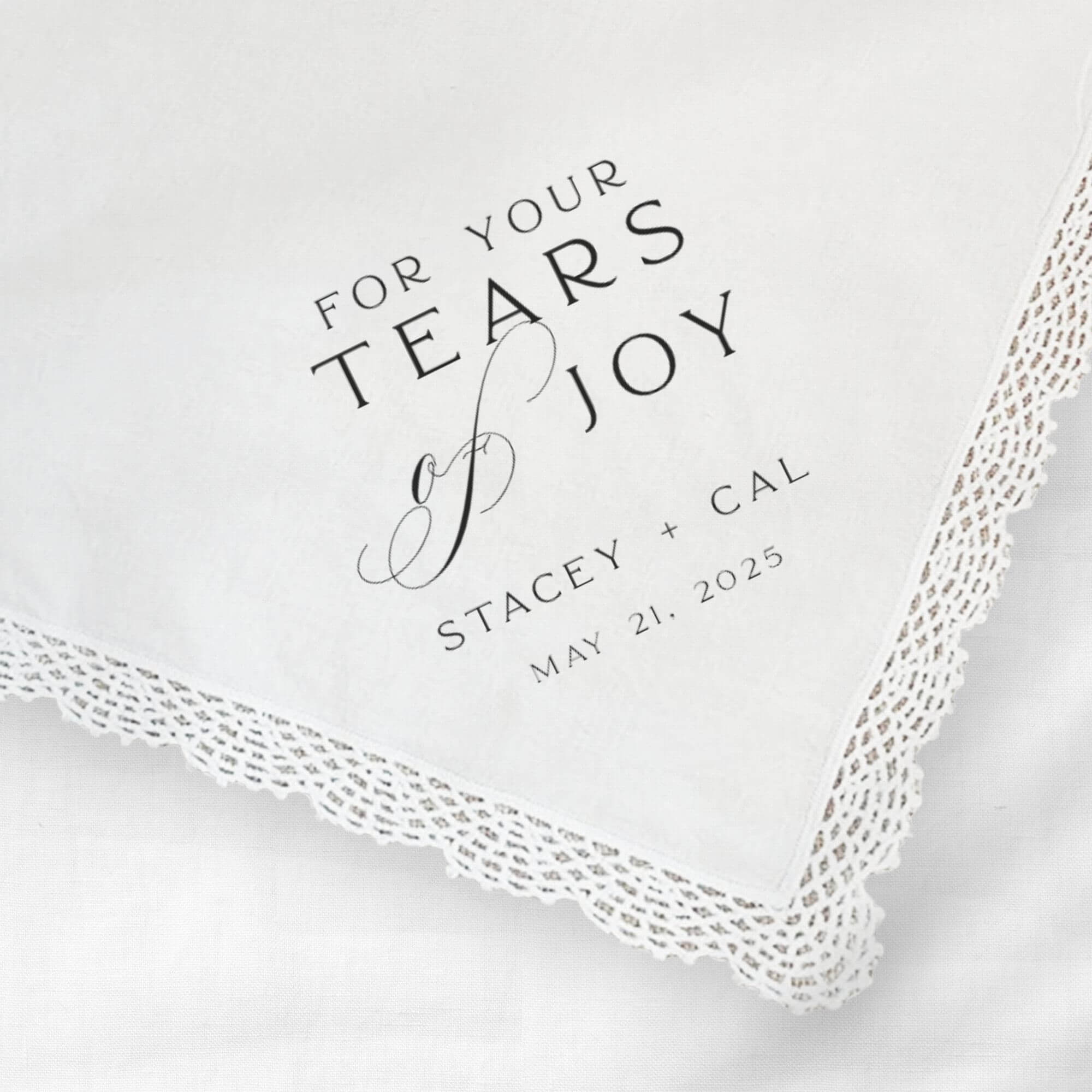 For your tears of joy classic handkerchief with lace trim. Personalized with bride and groom name and wedding date.