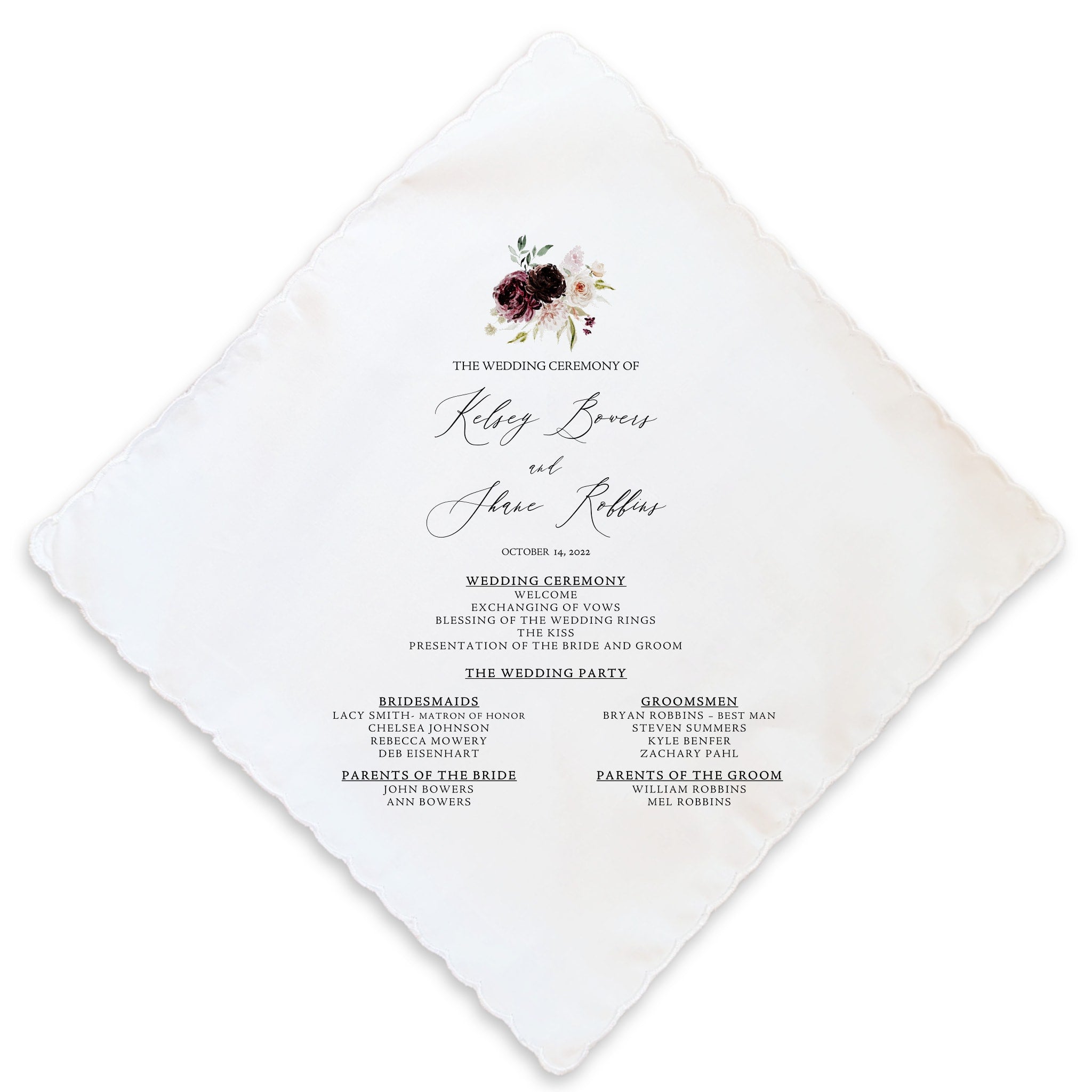 dark blooms wedding program handkerchief