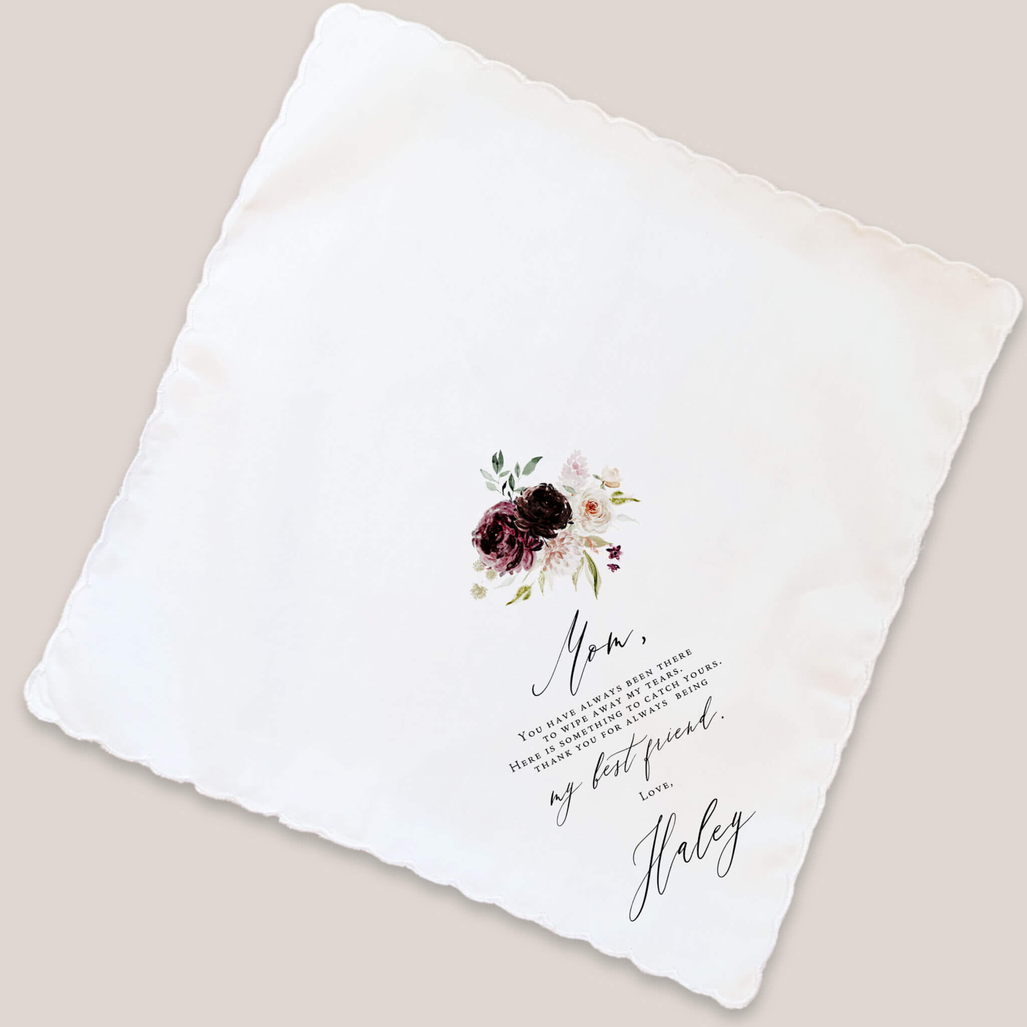 dark blooms mother of bride handkerchief on beige background