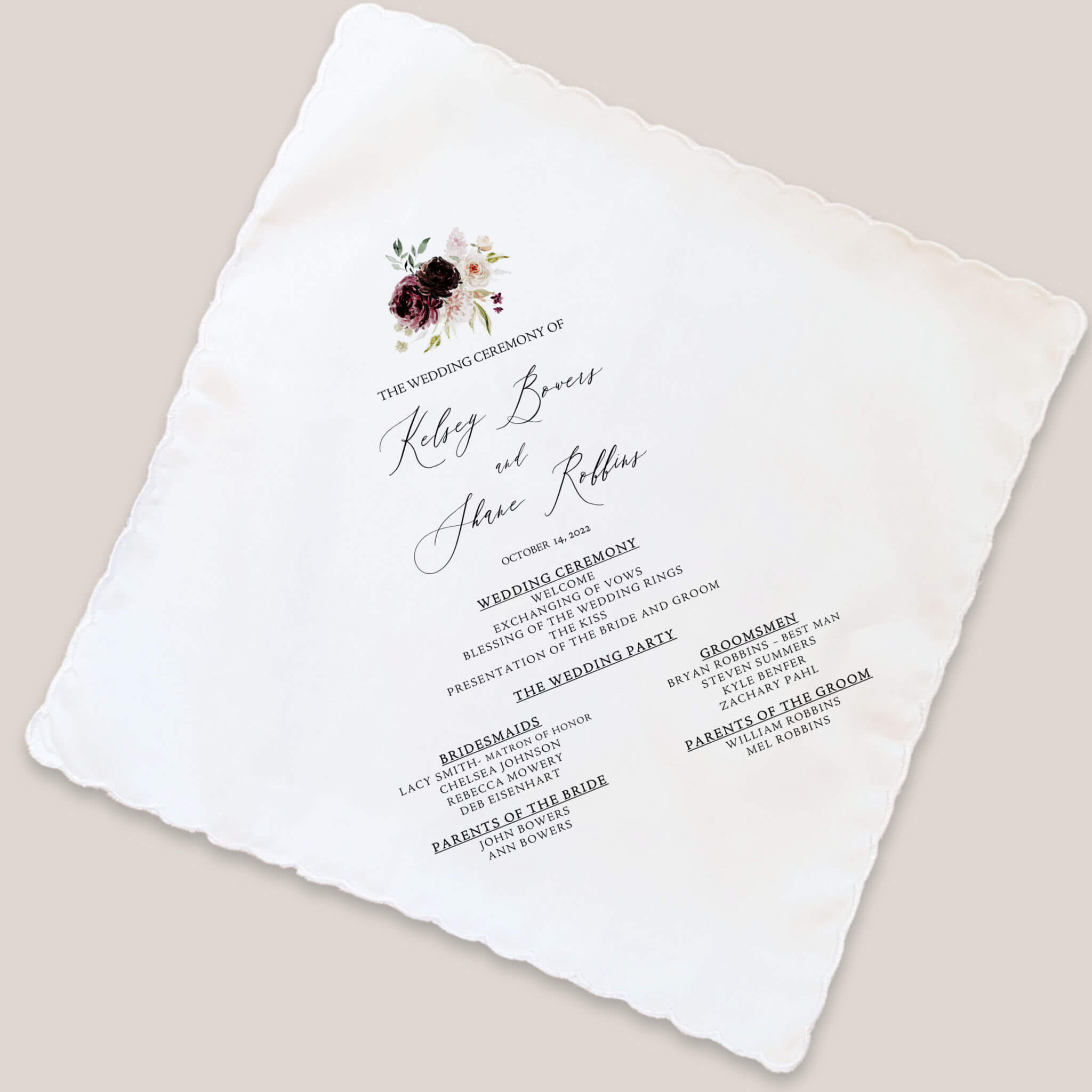 dark blooms program handkerchief on beige background