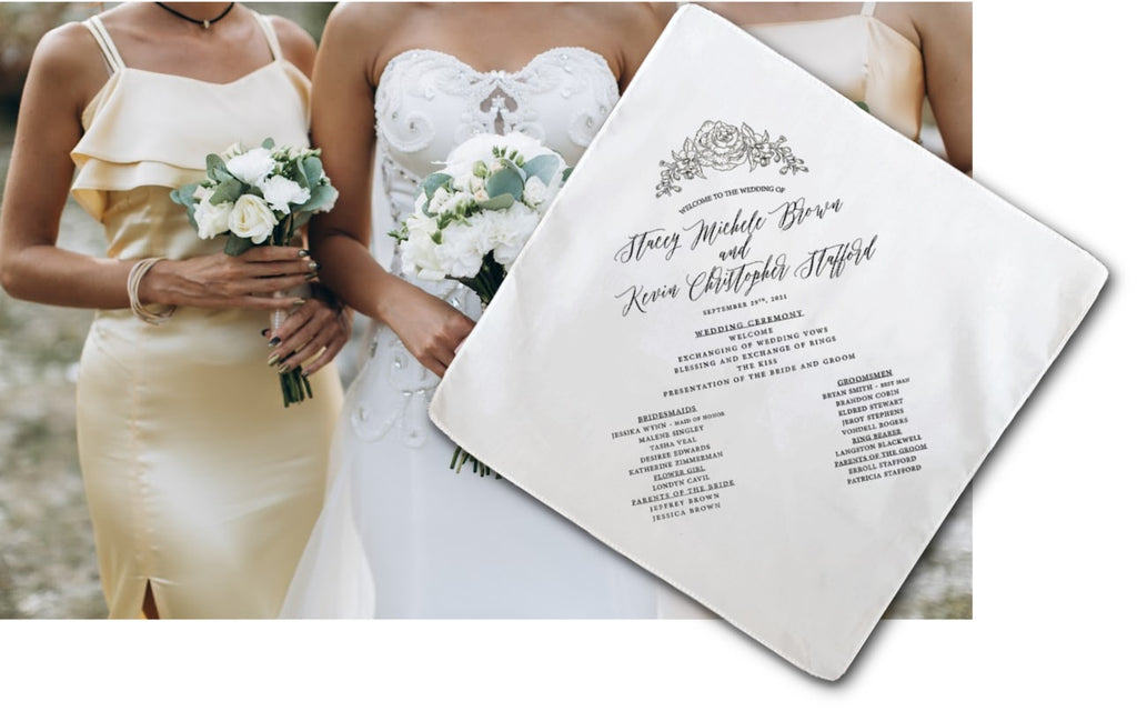 bridal party with ceremony wedding program handkerchief overlay