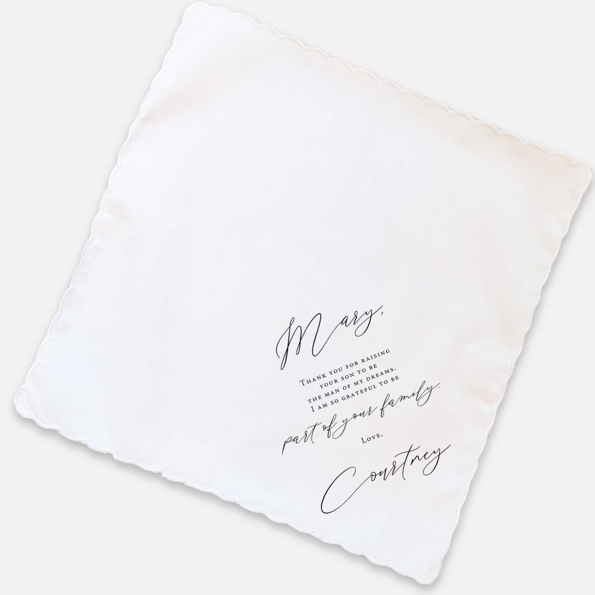 classic mother in law handkerchief laying flat on light grey background