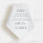 wedding gift handkerchief with loving message in black ink that is personalized from the bride to her father