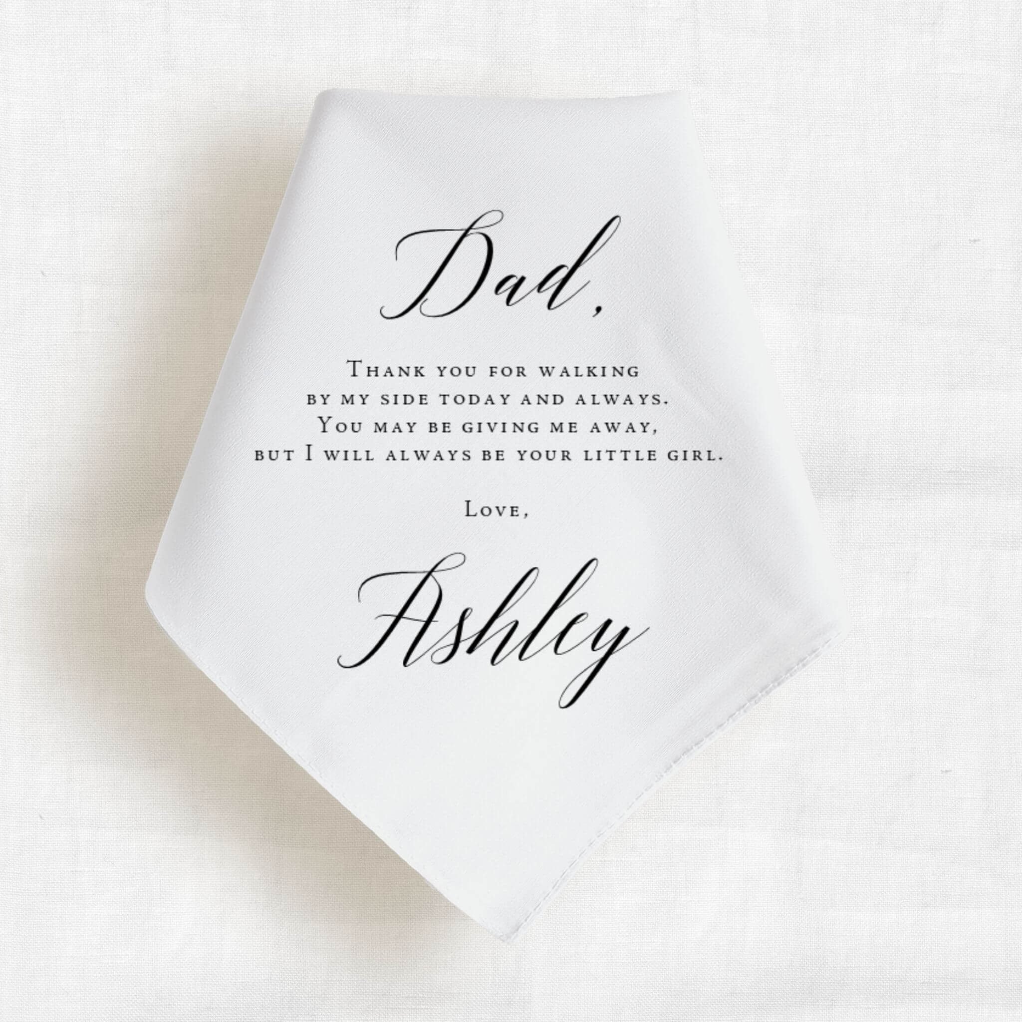 personalized handkerchief from the bride to her father with custom names and event date in black ink.