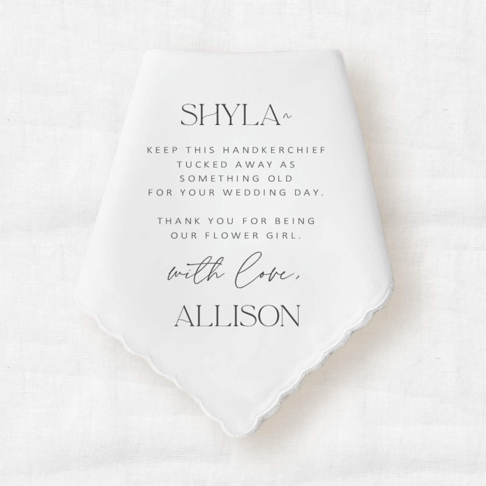 cotton handkerchief wedding gift to flower girl with personalized message from the bride in black text