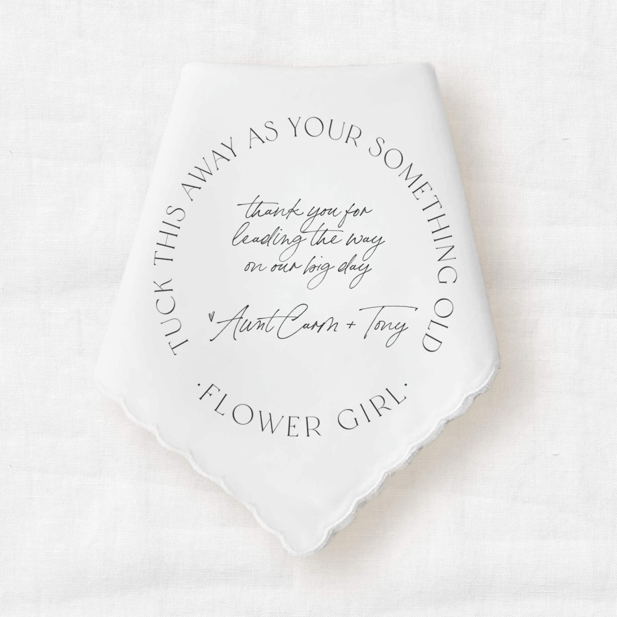 flower girl handkerchief keepsake with custom message from bride & groom 