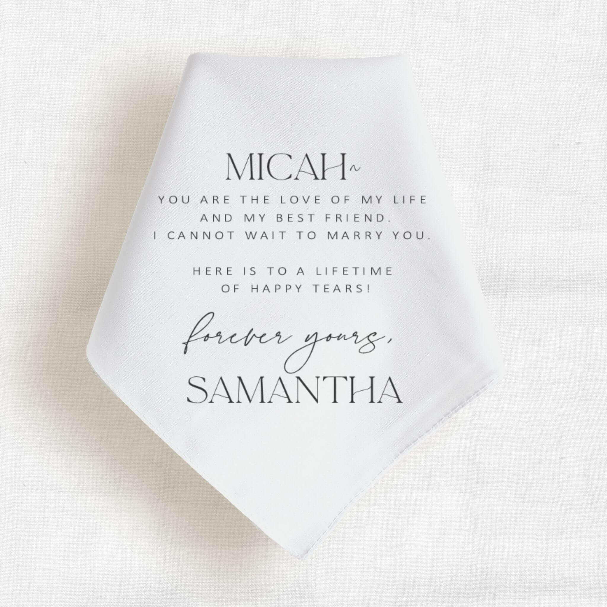 men's handkerchief wedding gift with a personalized message in black ink from the bride to the groom 