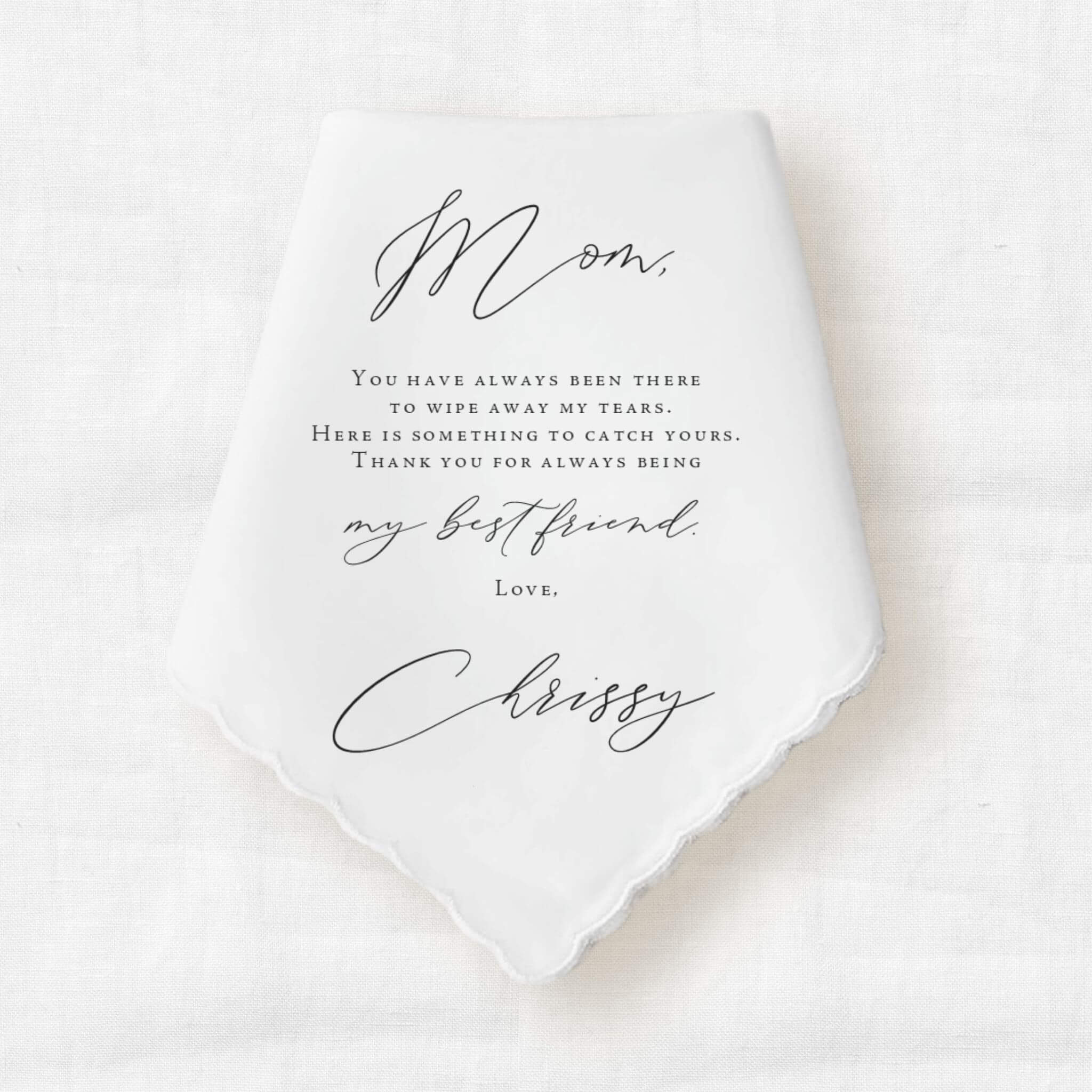 wedding handkerchief gift for the mother of the bride with a personalized message from the daughter in black text