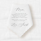 custom message wedding gift written to mom from the bride on a cotton handkerchief 