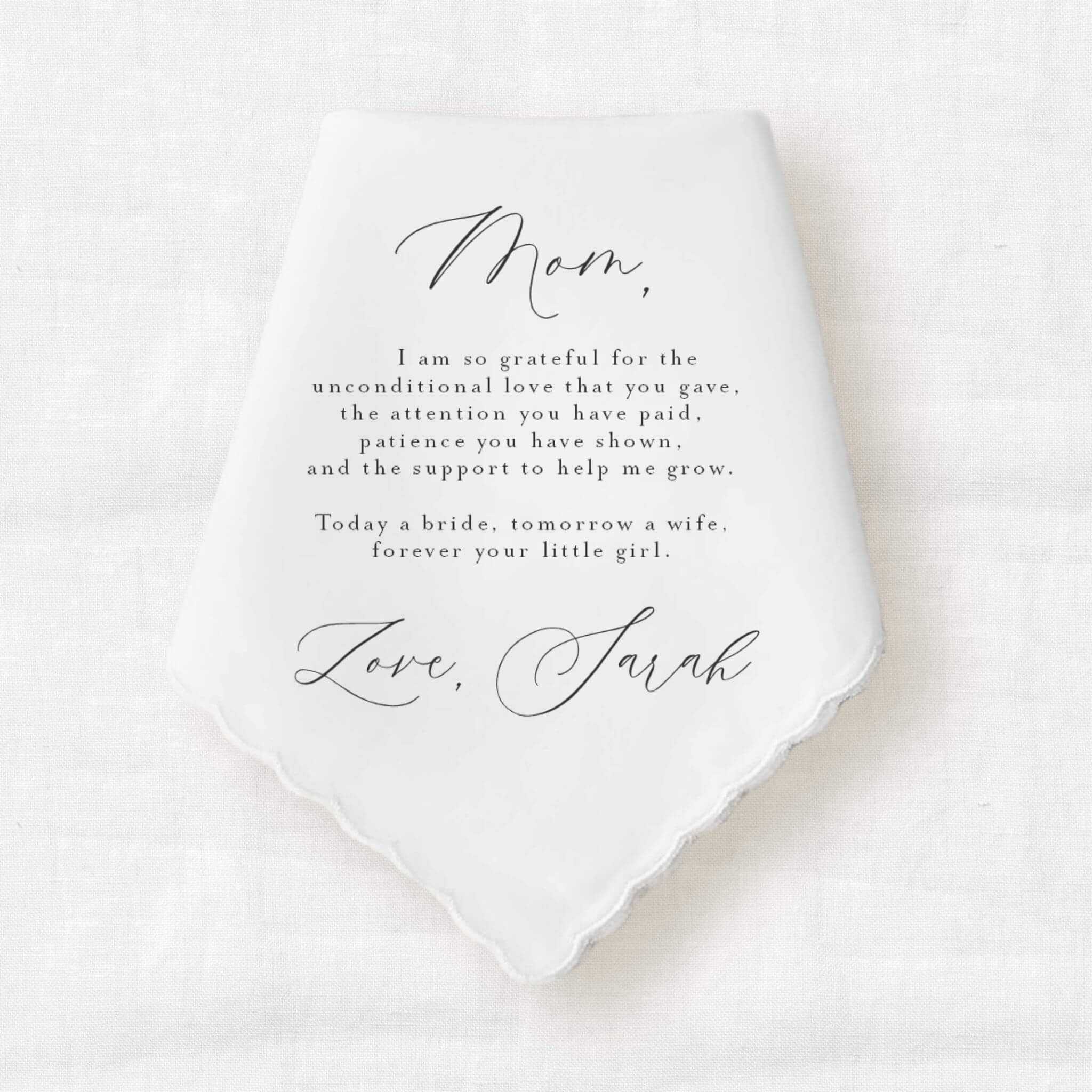 custom message wedding gift written to mom from the bride on a cotton handkerchief 