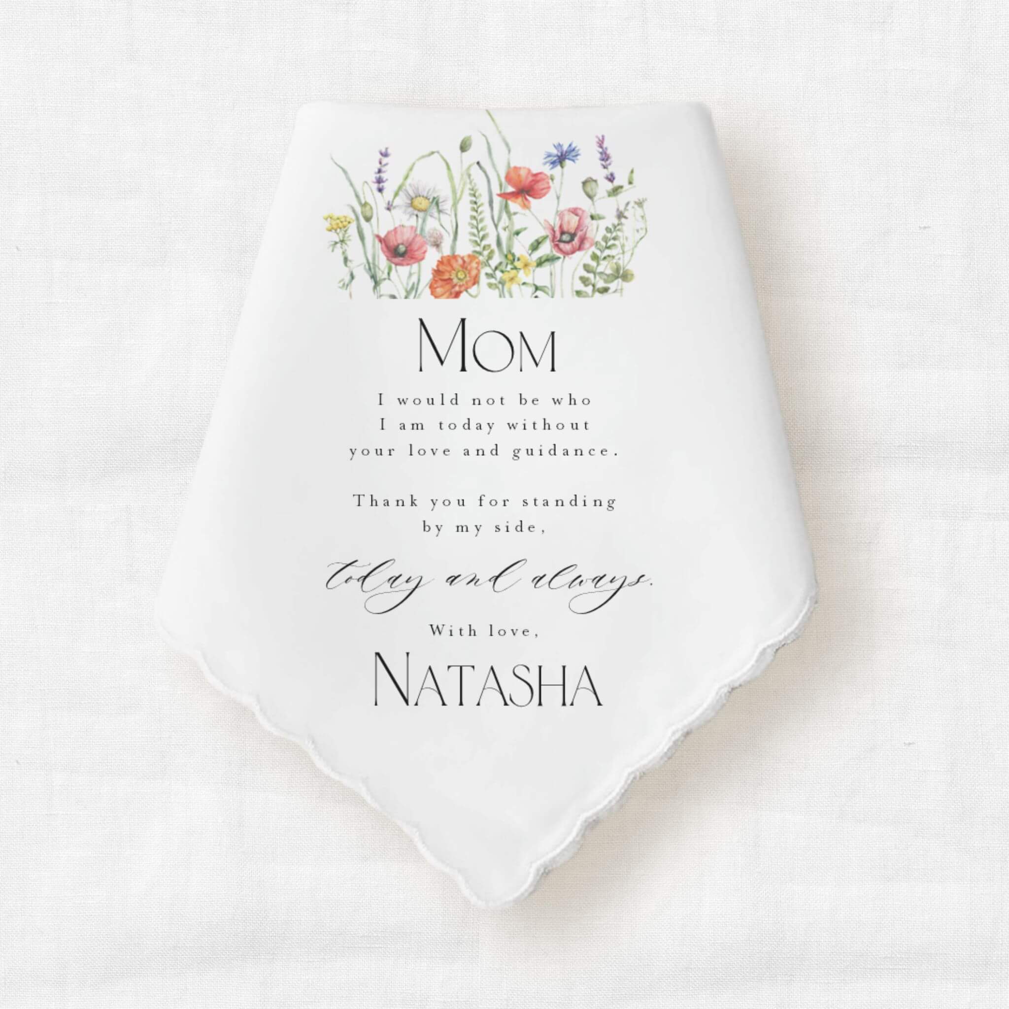 wedding gift handkerchief to the mother of the bride with wild garden florals above a message from the daughter in black text