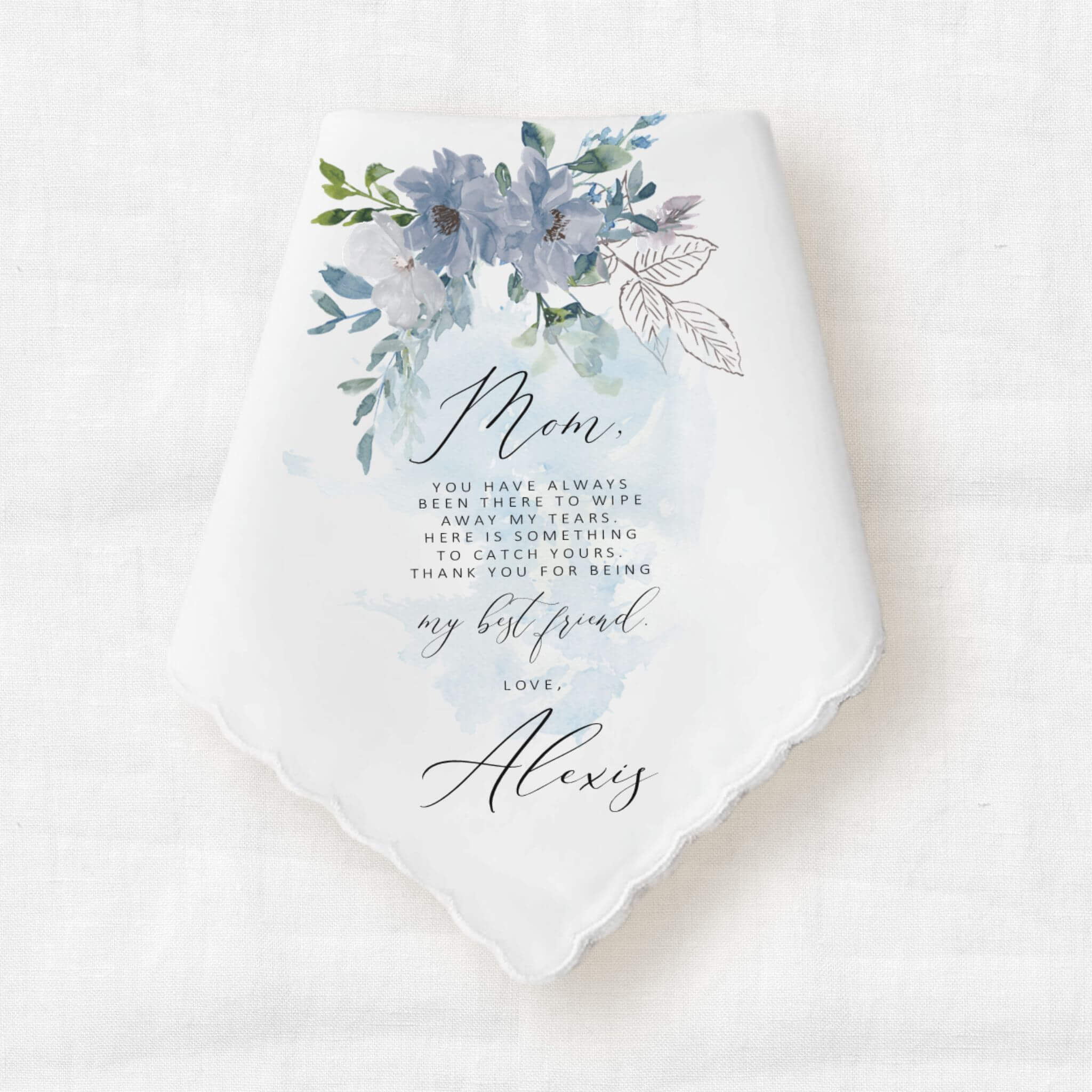 mother of the bride wedding gift handkerchief with blue florals above a personalized message from the bride in black text