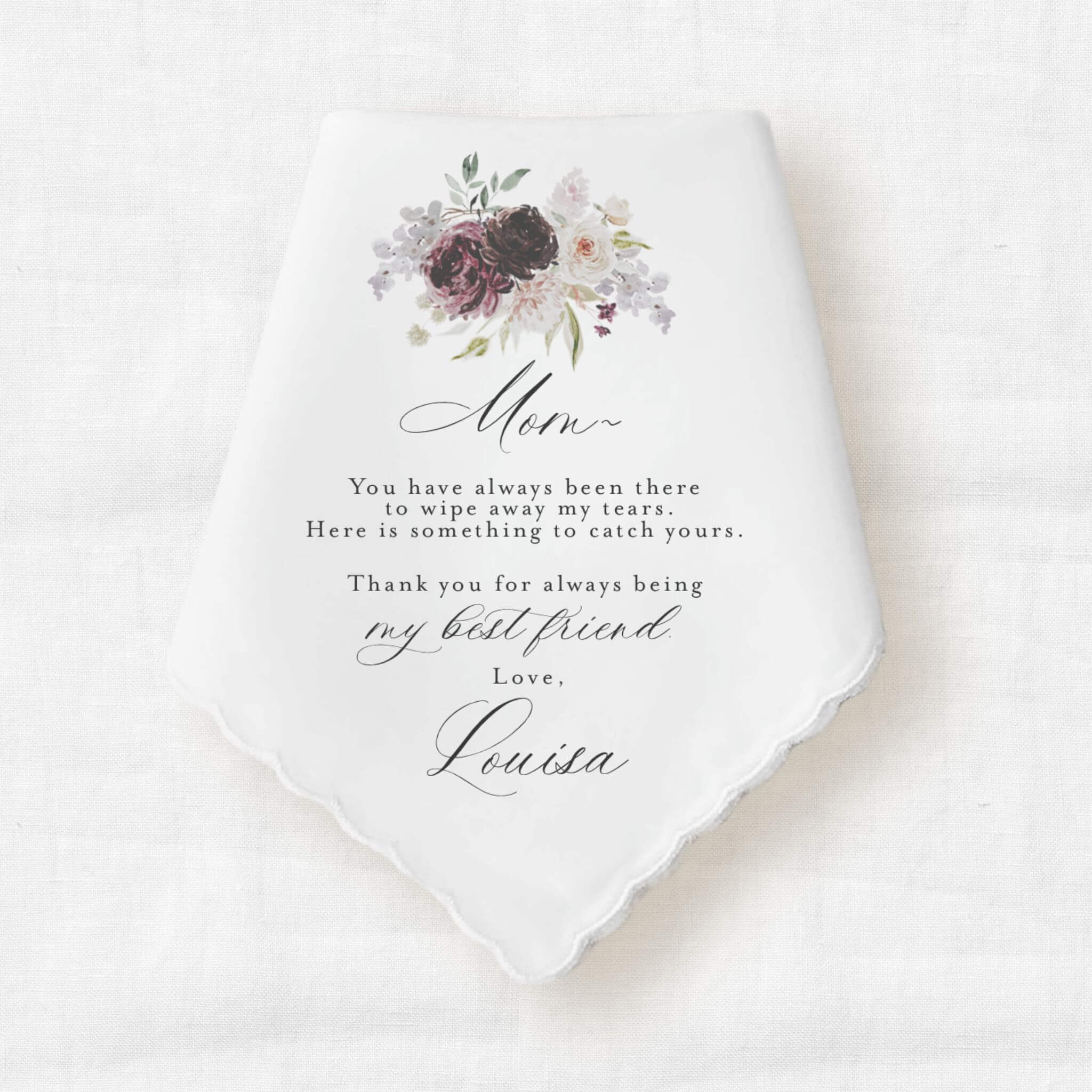 wedding handkerchief gift to the mother of the bride featuring dark red and pink florals above personalized message in black text