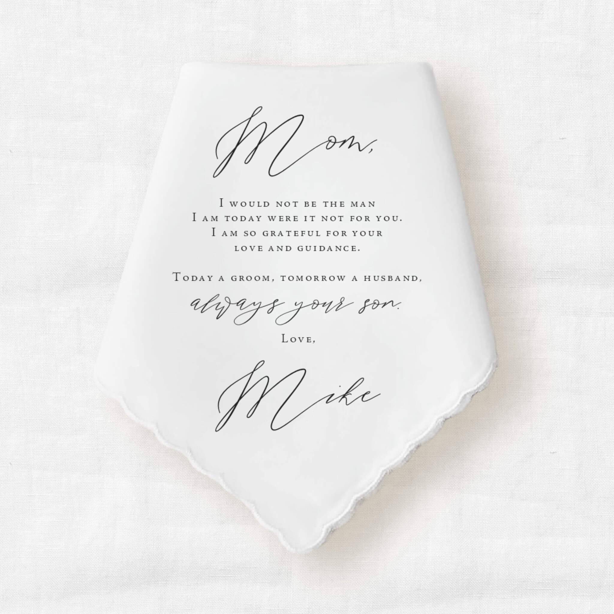 personalized handkerchief wedding gift to the mother of the groom with message written from the son.