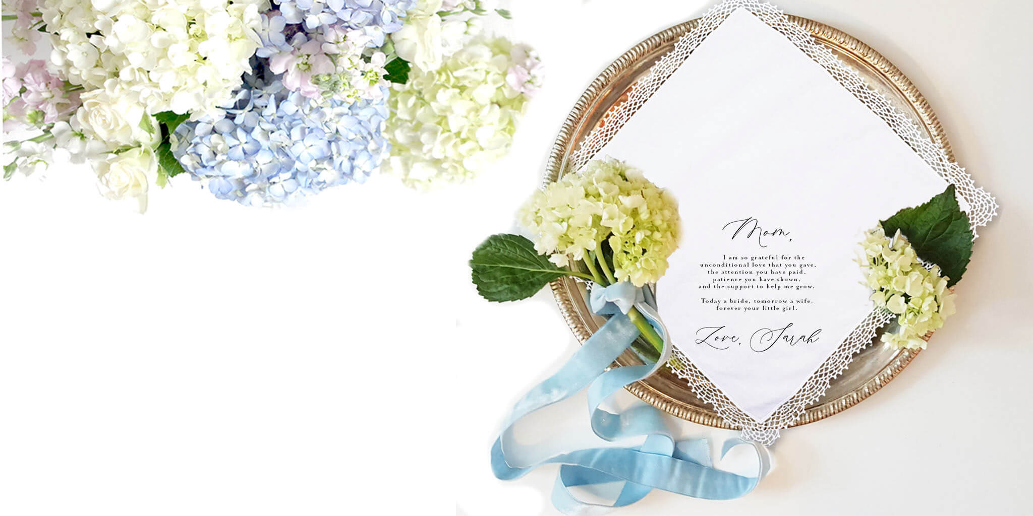 personalized mom handkerchief from daughter with blue and white flowers
