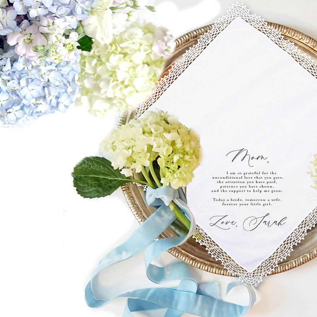 personalized mom lace handkerchief from daughter with blue and white flowers 