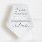 personalized ring bearer handkerchief with message from bride and groom in black text