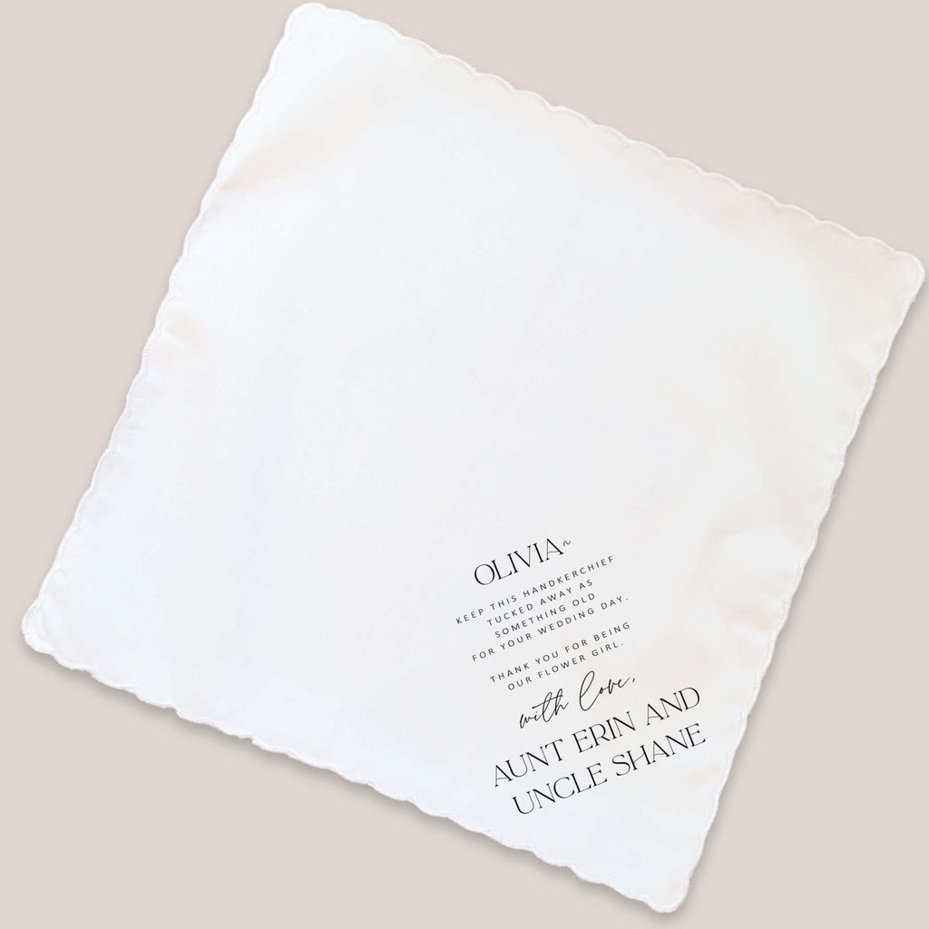 serif flower girl handkerchief on beige background