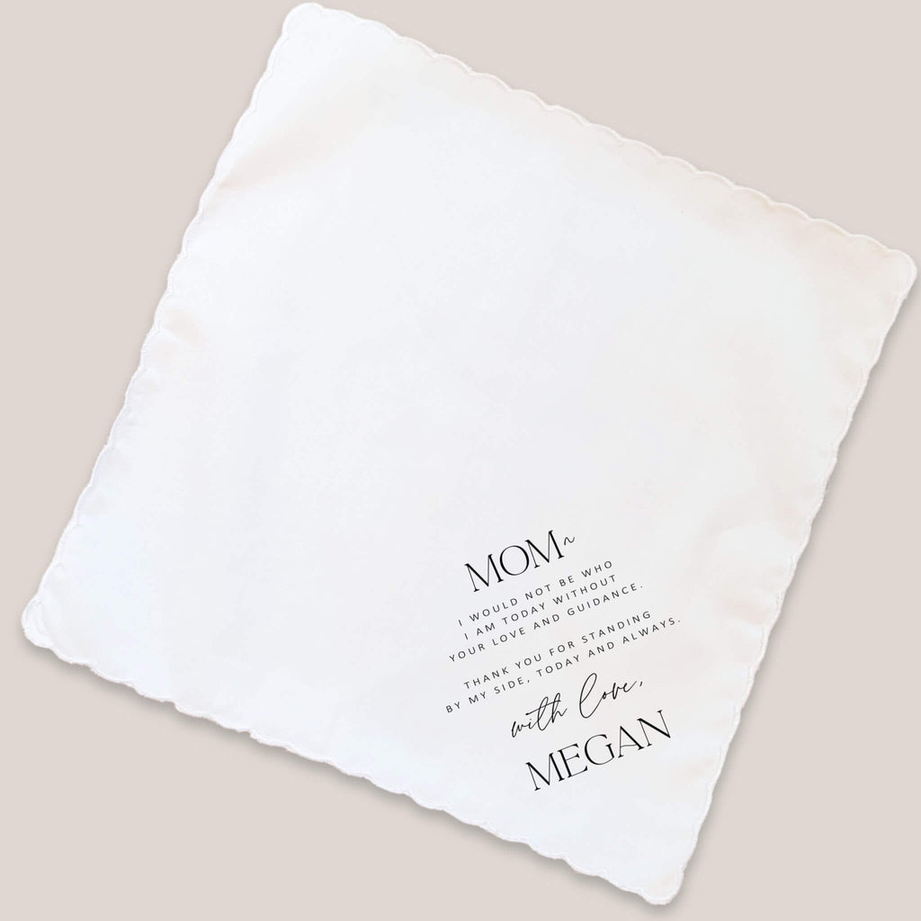 serif mother of bride handkerchief on beige background