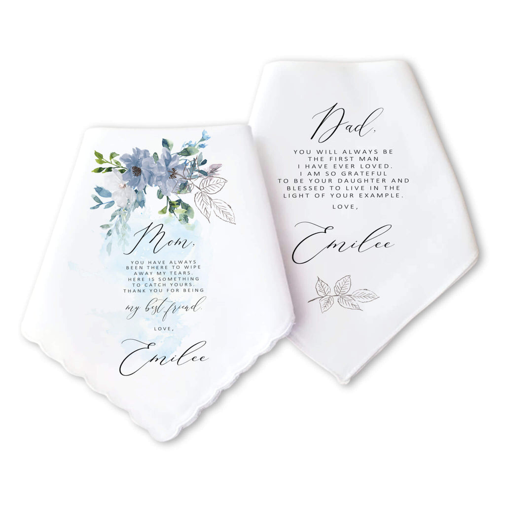 dusty blue parents of the bride personalized handkerchief set