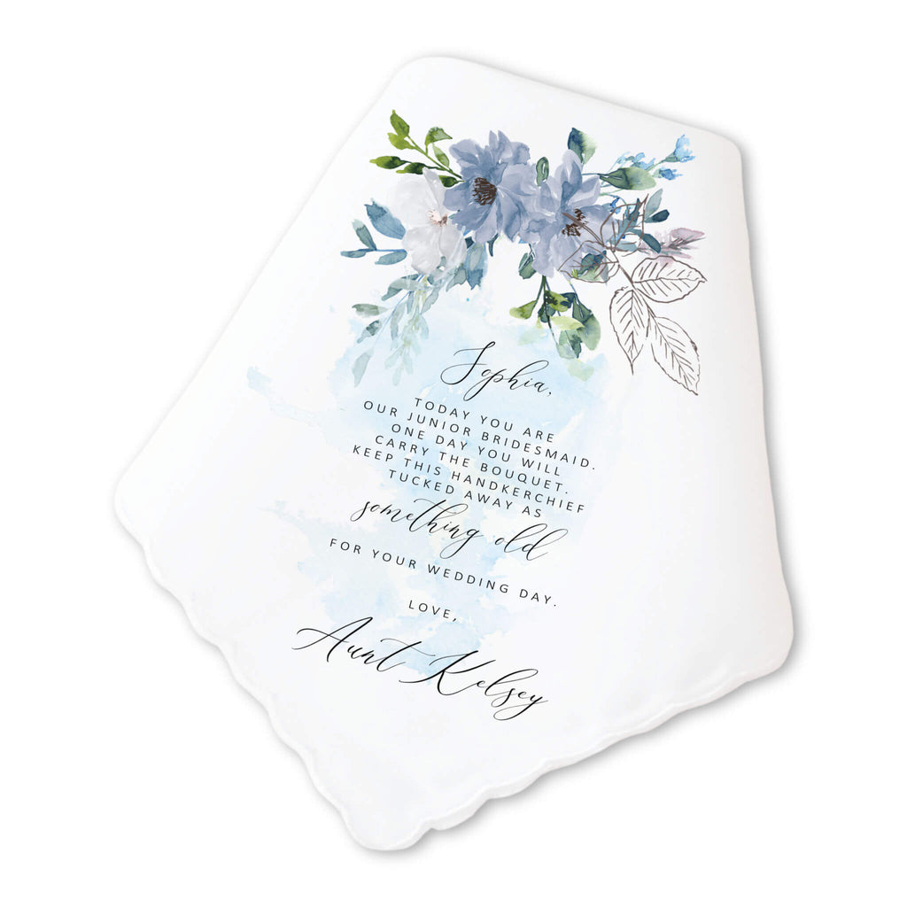 dusty blue junior bridesmaid personalized handkerchief wedding gift