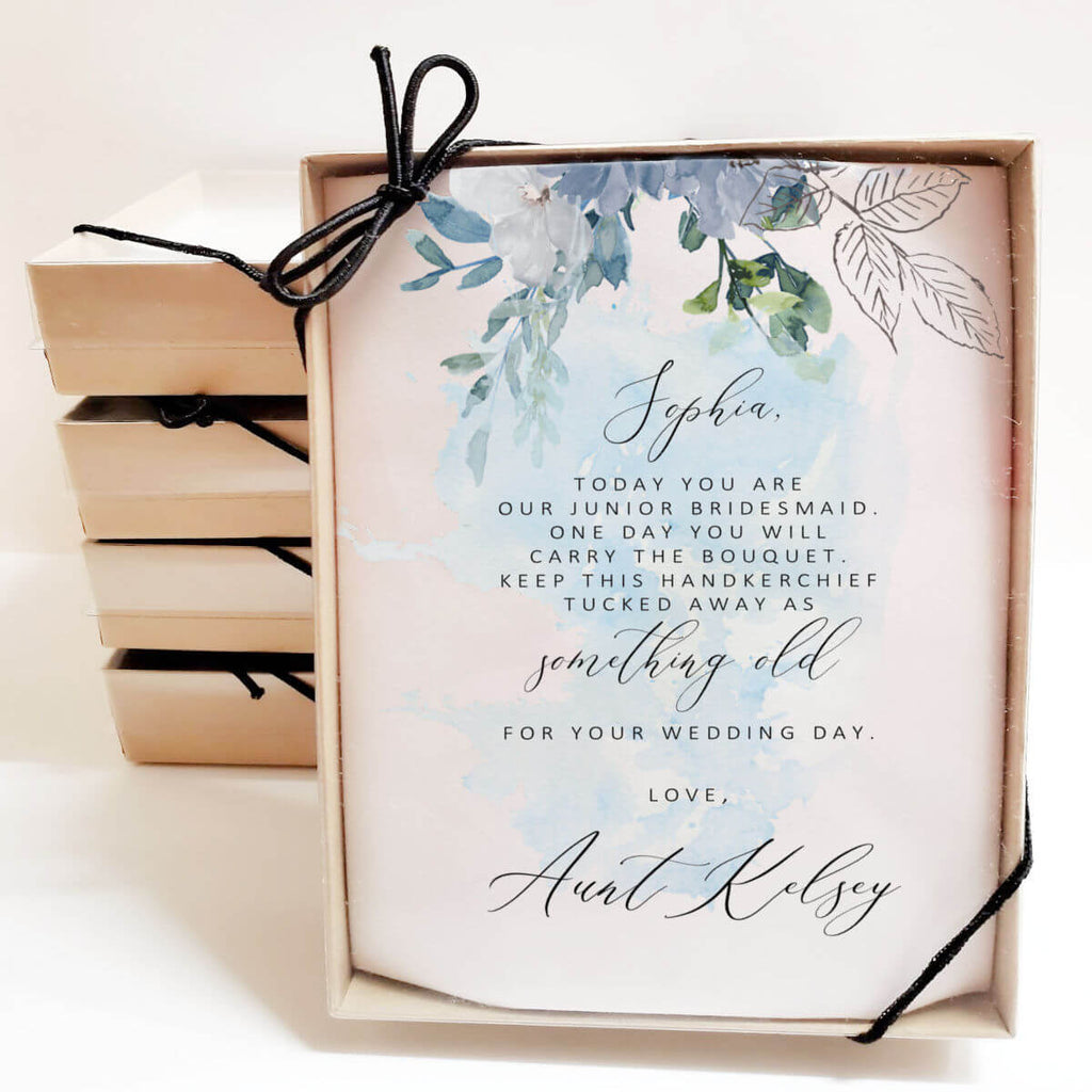 dusty blue junior bridesmaid handkerchief in gift box