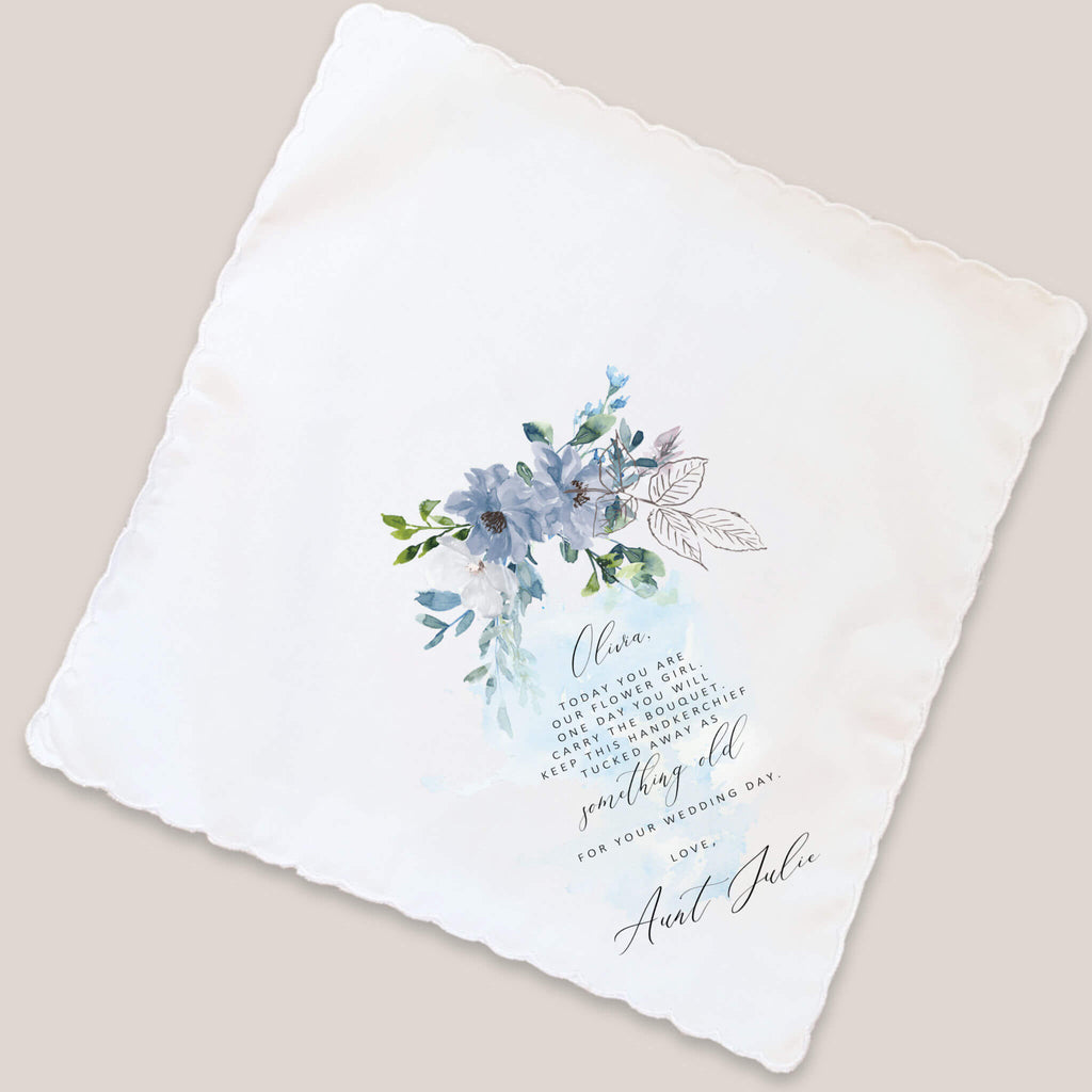 dusty blue flower girl handkerchief on beige background