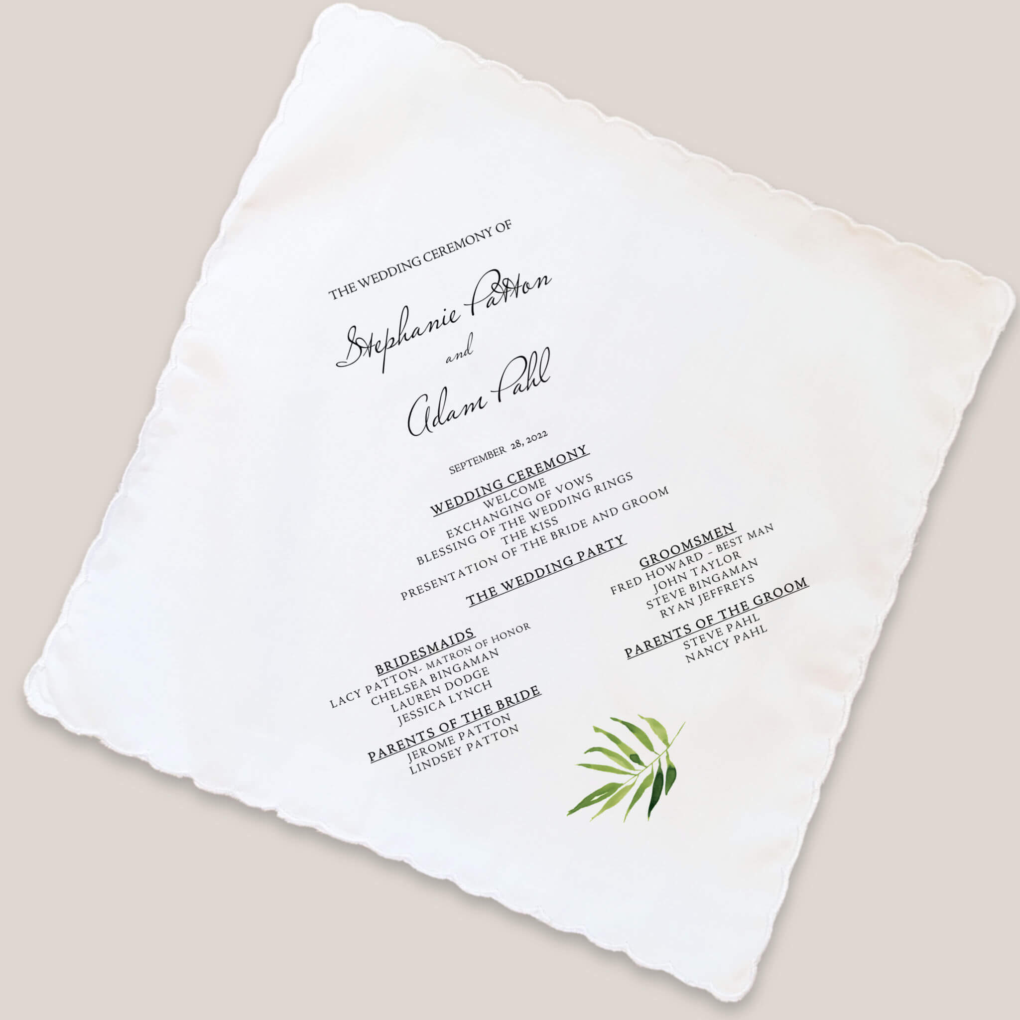 fern wedding program handkerchief on beige background