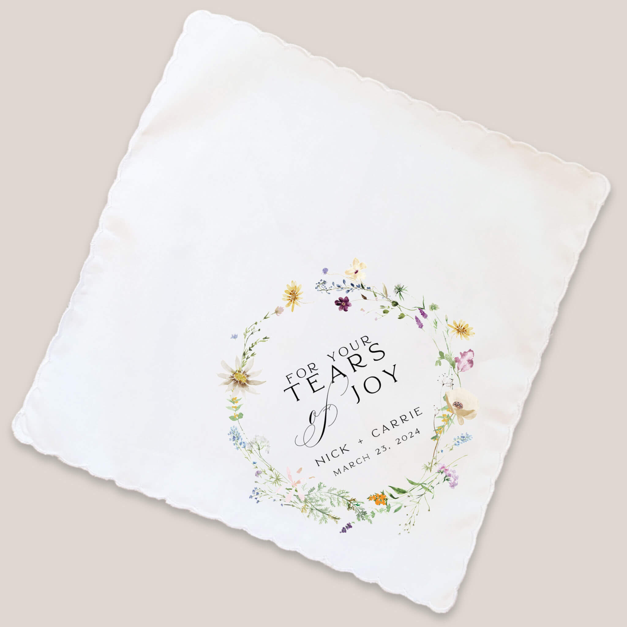 field floral tears of joy handkerchief on beige background
