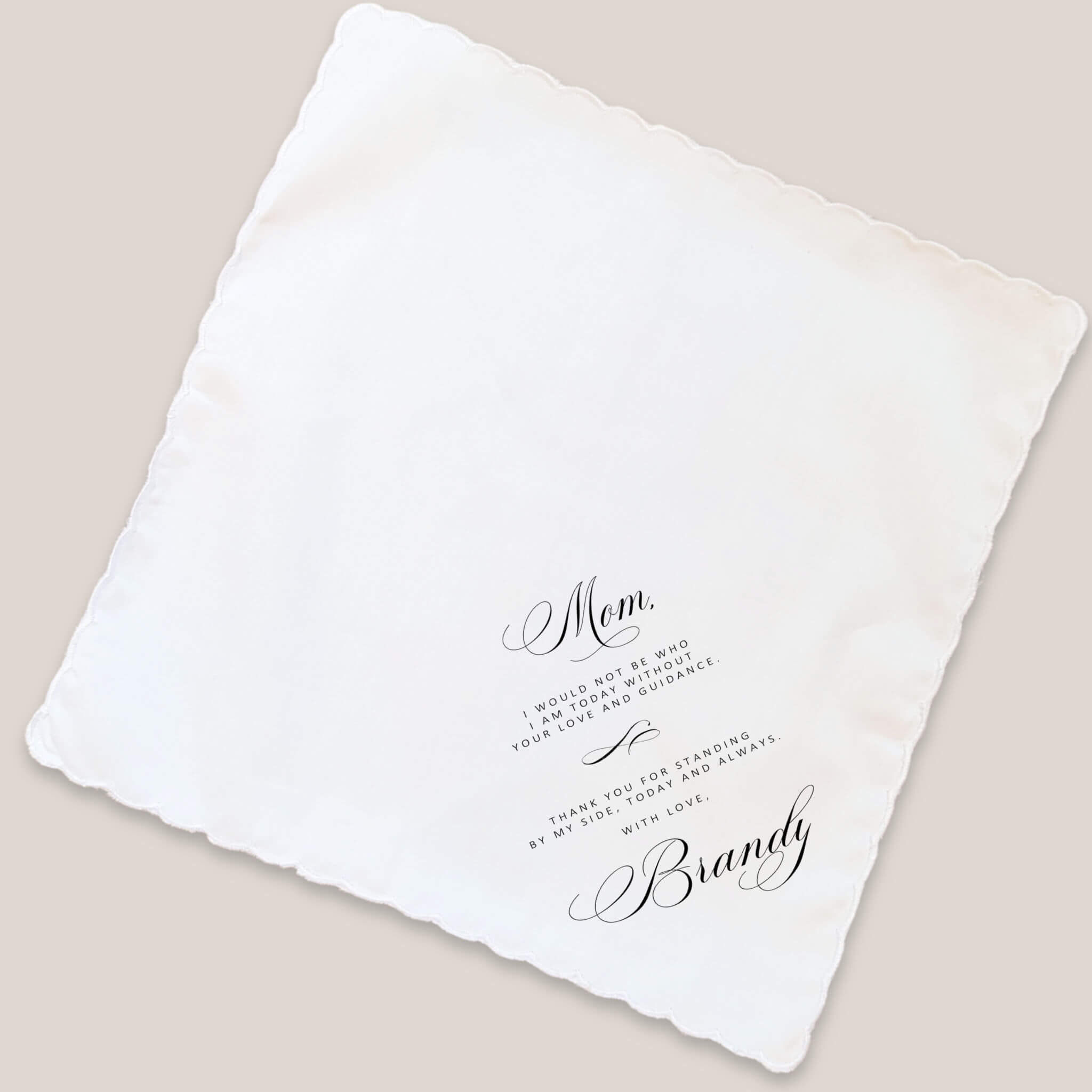 formal script mother handkerchief on beige background
