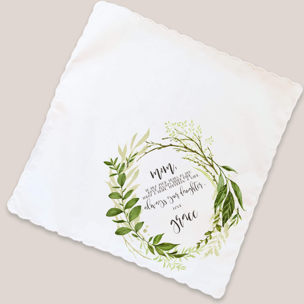 graceful greenery mother of bride handkerchief on beige background 