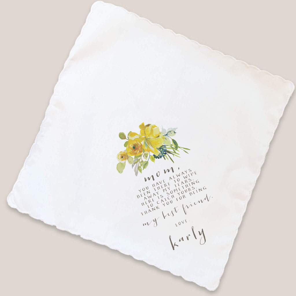 lemon blossom mother of bride handkerchief on beige background