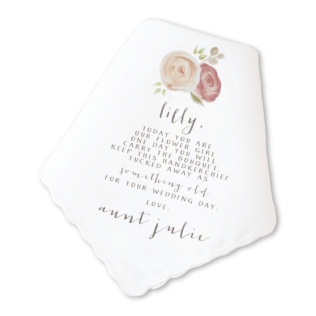 tea rose flower girl personalized handkerchief wedding gift