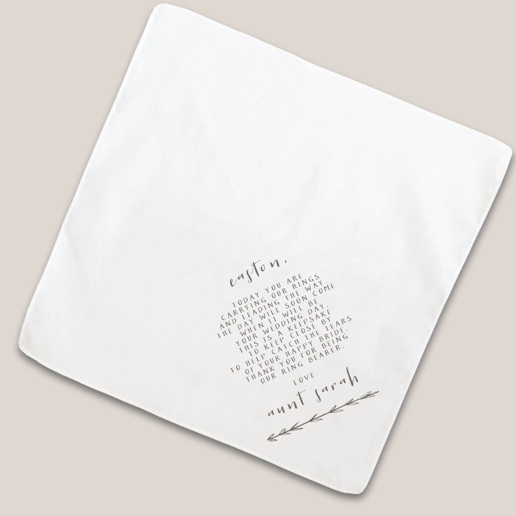 tea rose ring bearer handkerchief on beige background
