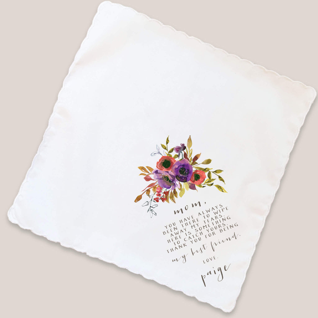 vibrant fall mother of bride handkerchief on beige background